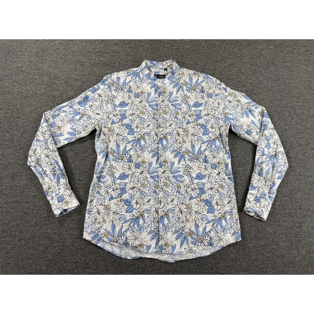 Luigi Fusaro Shirt Mens Large Blue Tan Floral Long Sleeve Linen Cotton Button Up